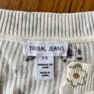 Tribal Cream Knit Crew Neck Sweater with Floral Accent